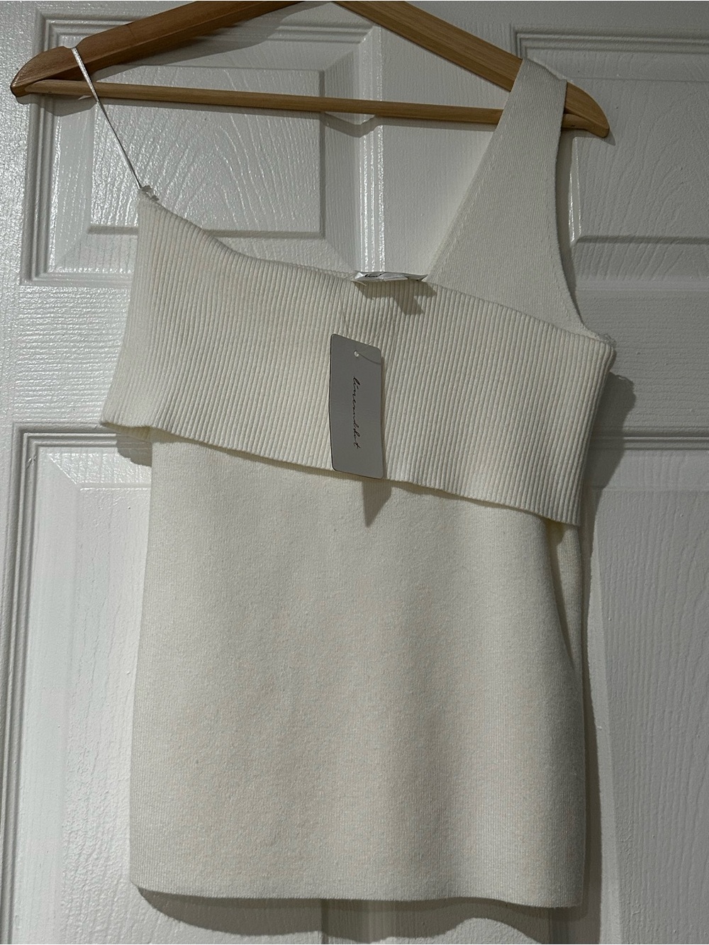 Line & Dot One-Shoulder Fold-Over Knit Dress in Cream
